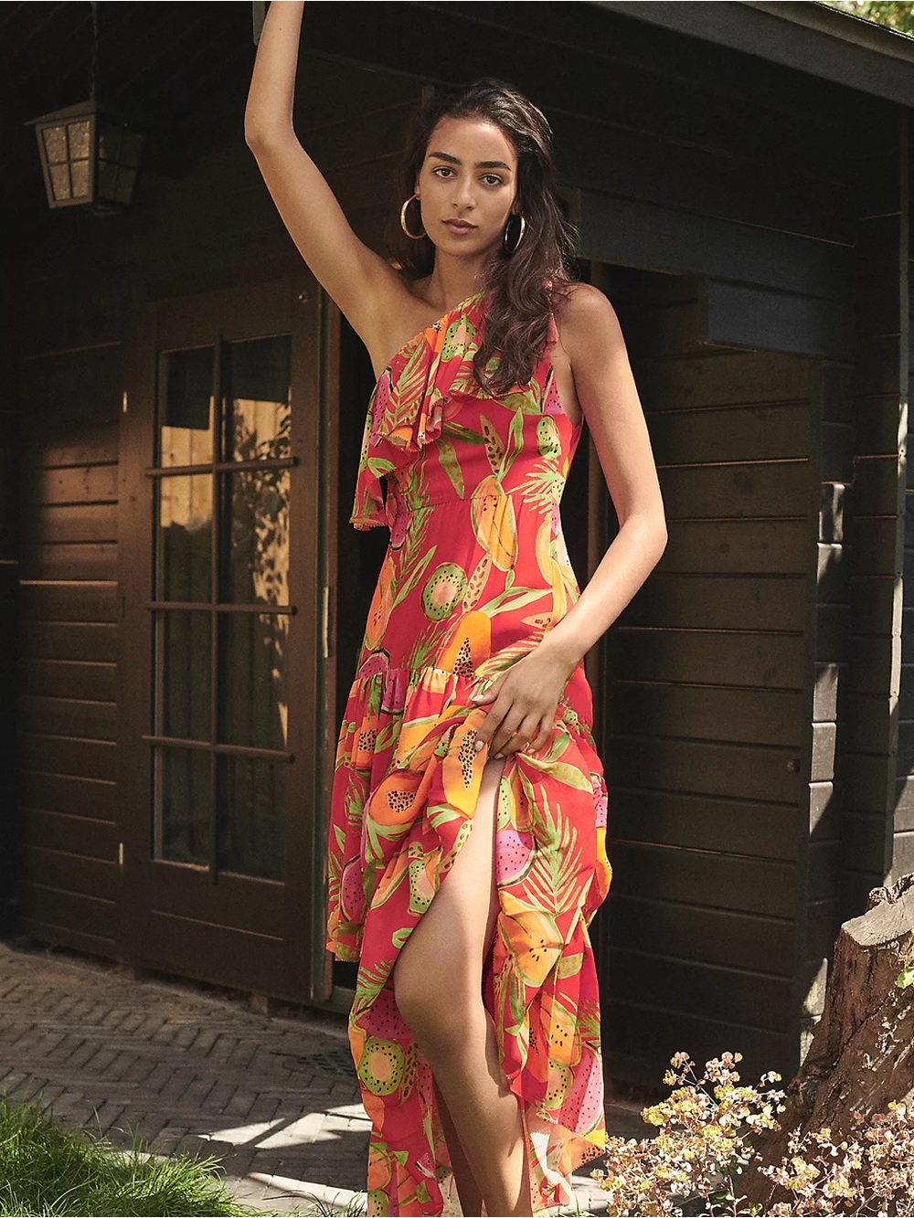 Farm Rio Papayas One-Shoulder Maxi Dress